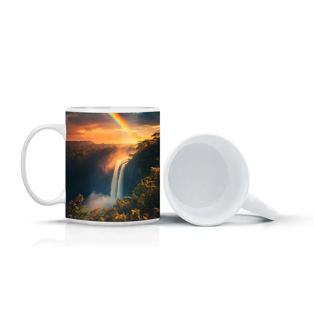Tropical Waterfall Rainbow Sunset Forest Landscape – Mugs