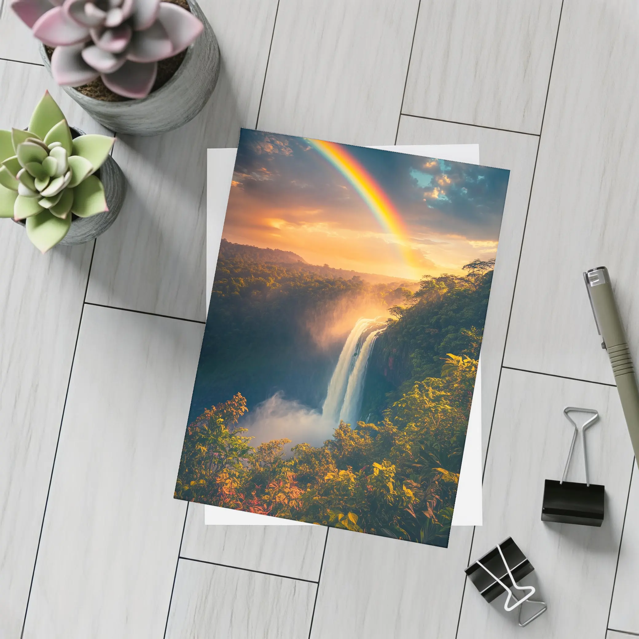Tropical Waterfall Rainbow Sunset Forest Landscape – Postcards