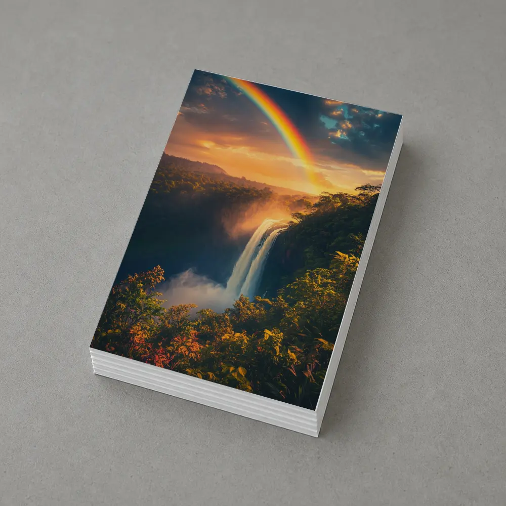 Tropical Waterfall Rainbow Sunset Forest Landscape – Postcards
