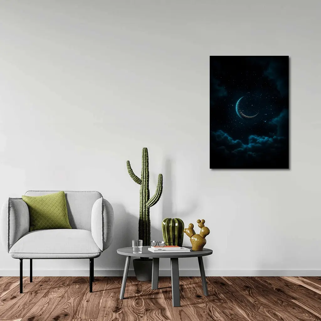 Crescent Moon Glowing Over Dark Clouds – Wall Art