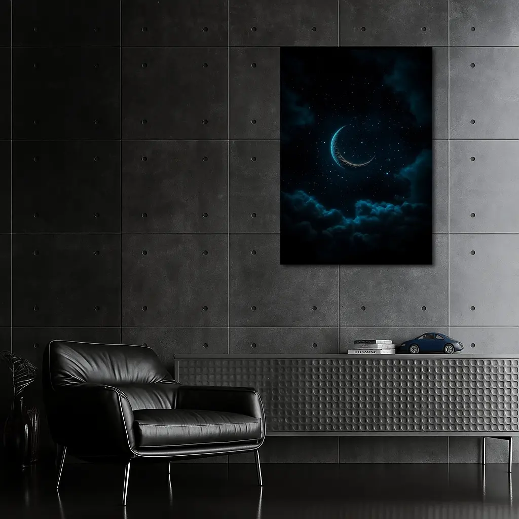 Crescent Moon Glowing Over Dark Clouds – Wall Art