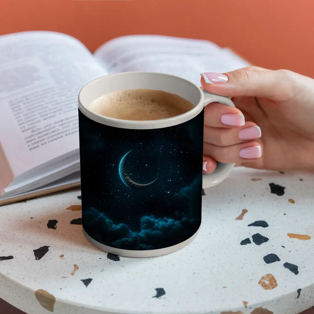 Crescent Moon Glowing Over Dark Clouds – Mugs