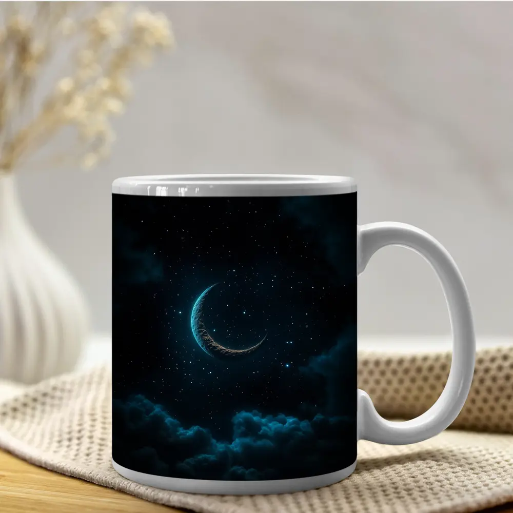 Crescent Moon Glowing Over Dark Clouds – Mugs