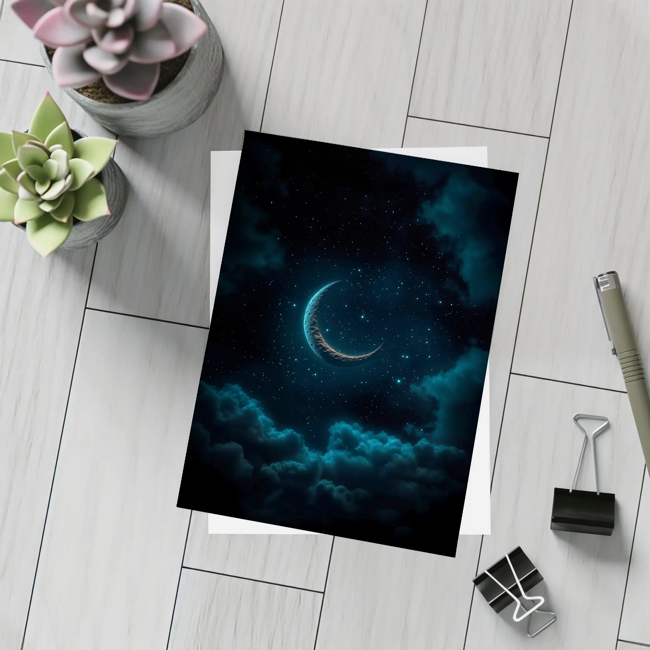 Crescent Moon Glowing Over Dark Clouds – Postcards