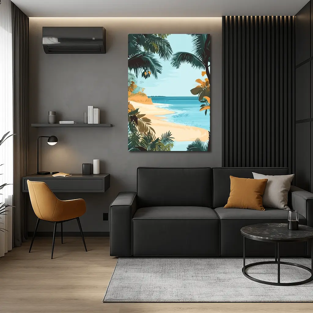 Tropical Beach Palm Trees Illustration Art – Wall Art