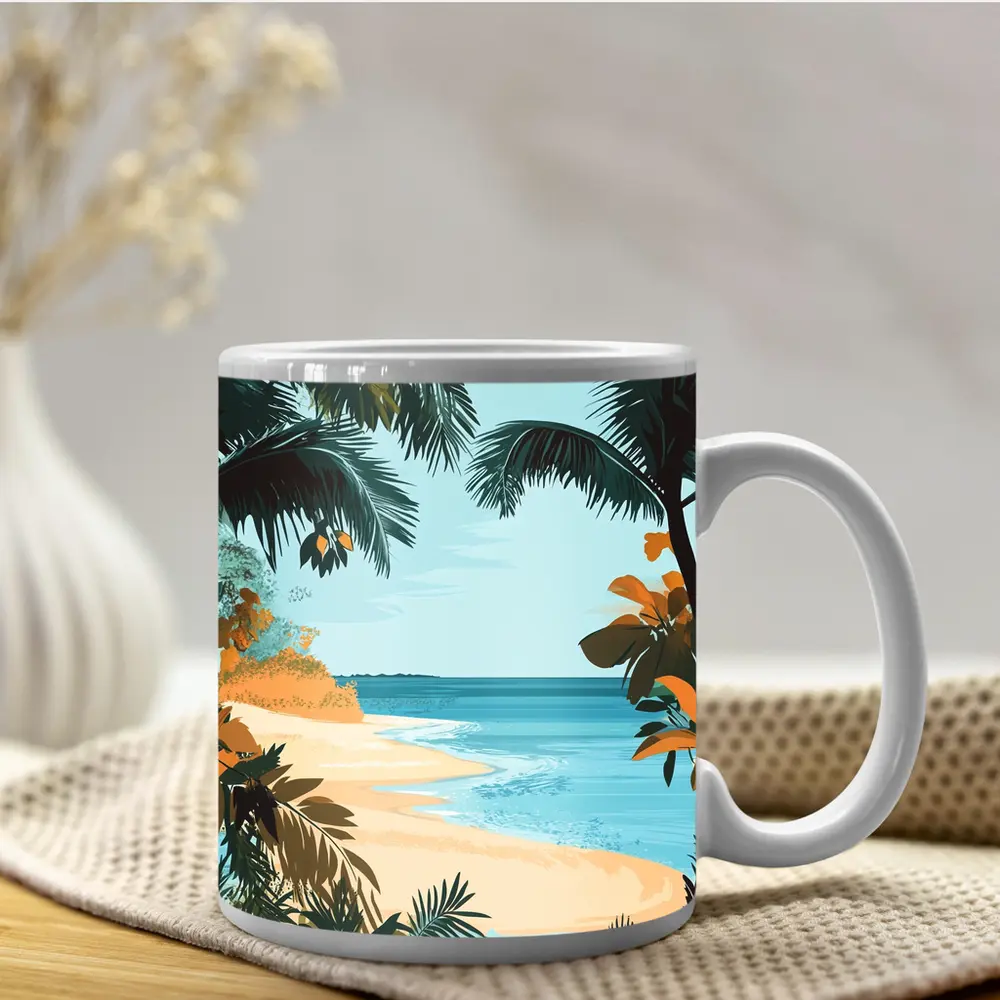 Tropical Beach Palm Trees Illustration Art – Mugs