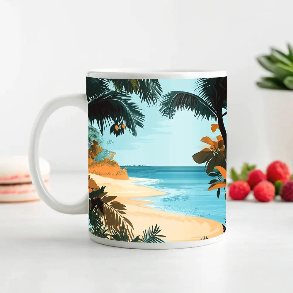 Tropical Beach Palm Trees Illustration Art – Mugs