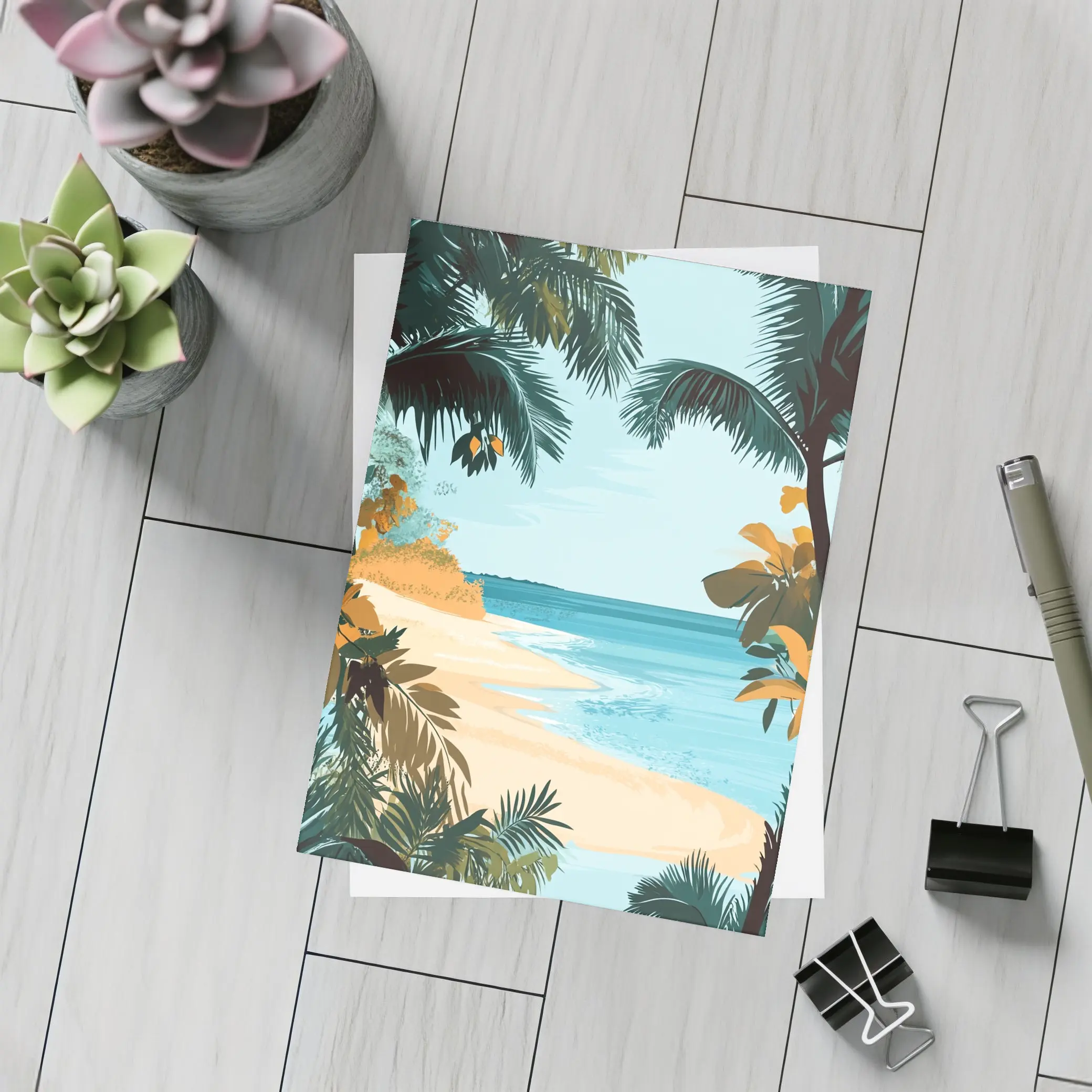 Tropical Beach Palm Trees Illustration Art – Postcards