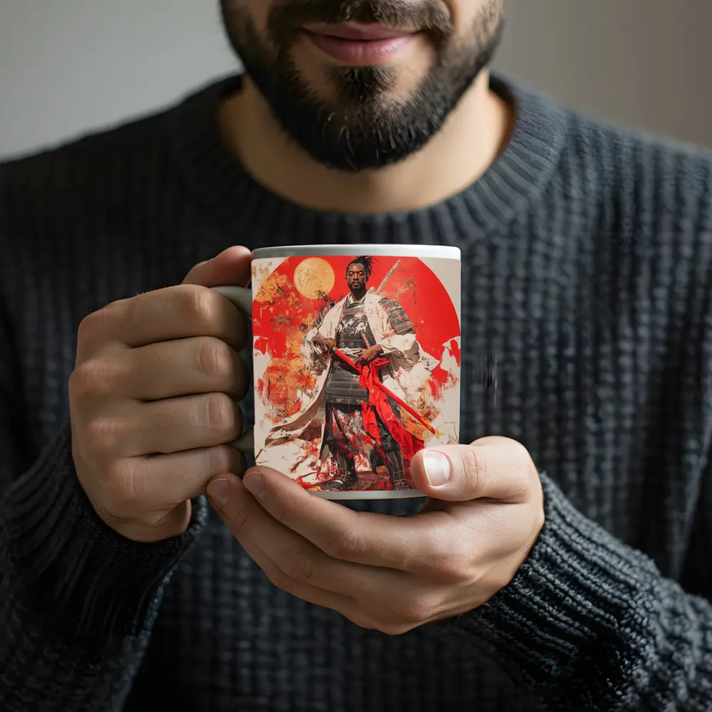 Black Samurai Warrior Red Sun Background – Mugs