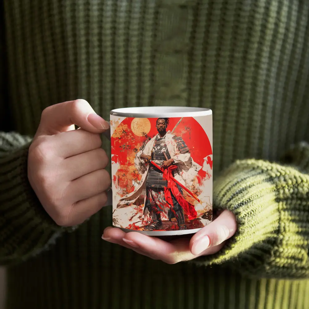 Black Samurai Warrior Red Sun Background – Mugs