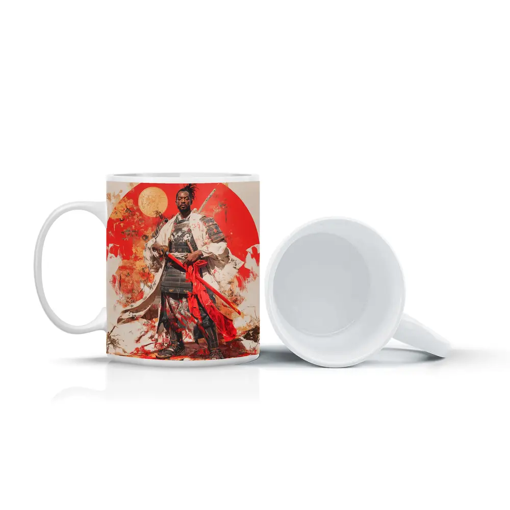 Black Samurai Warrior Red Sun Background – Mugs