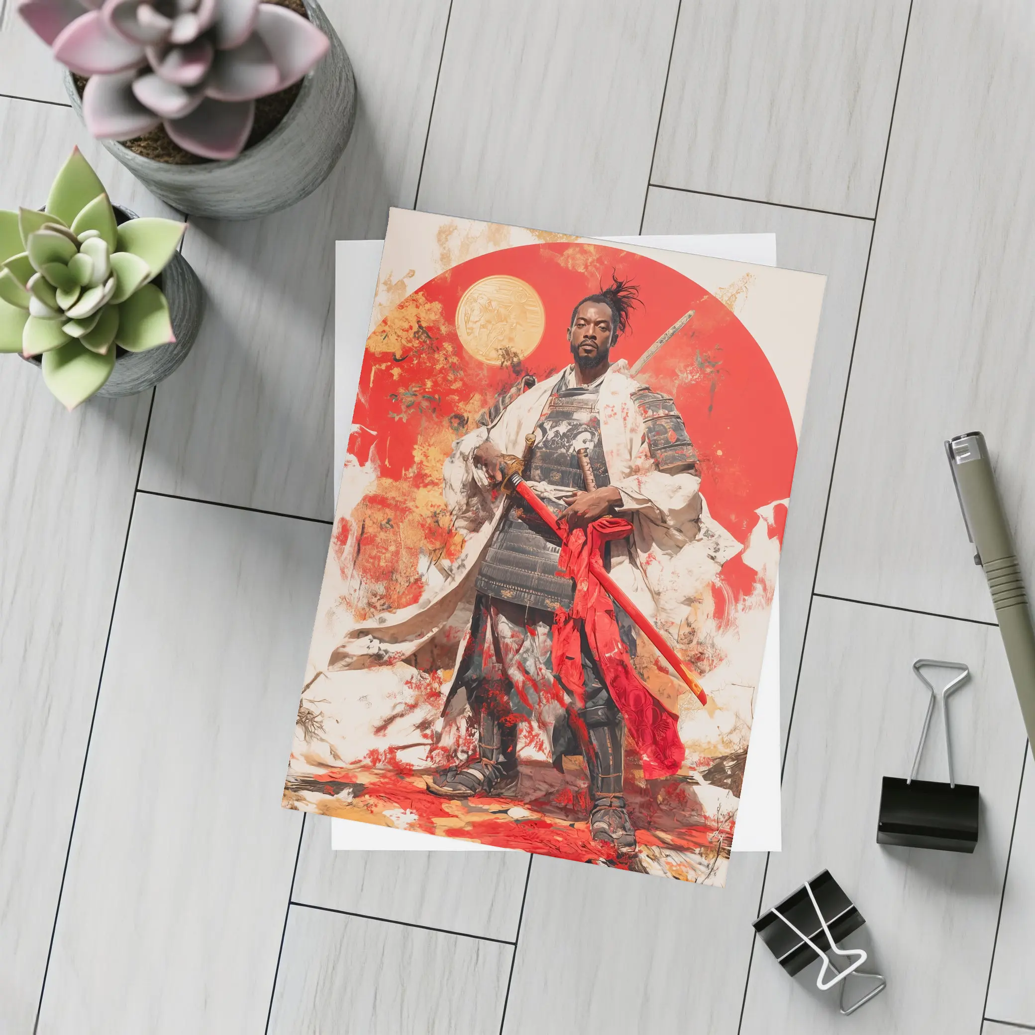 Black Samurai Warrior Red Sun Background – Postcards