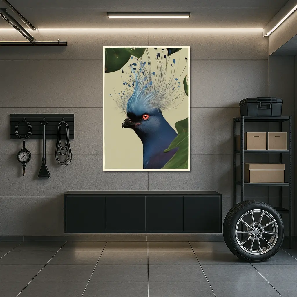 Blue Crowned Pigeon Portrait Green Leaves – Wall Art