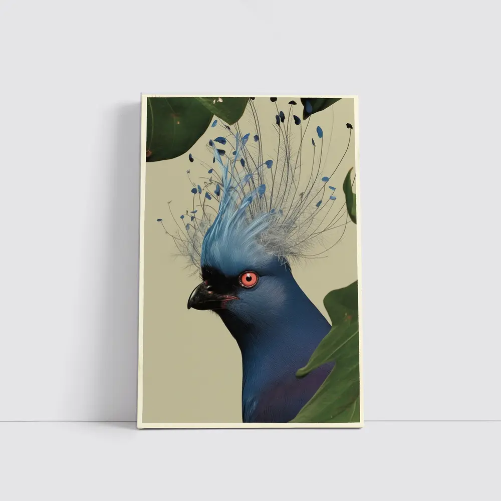 Blue Crowned Pigeon Portrait Green Leaves – Wall Art