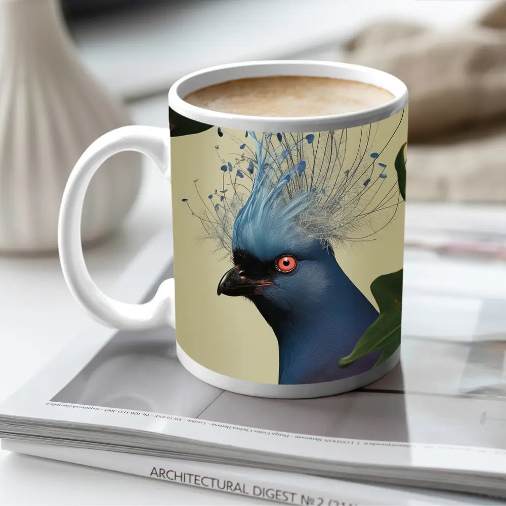 Blue Crowned Pigeon Portrait Green Leaves – Mugs