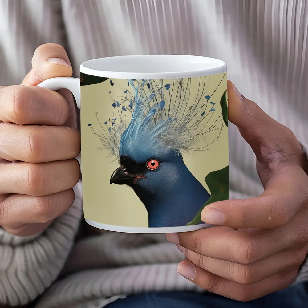 Blue Crowned Pigeon Portrait Green Leaves – Mugs