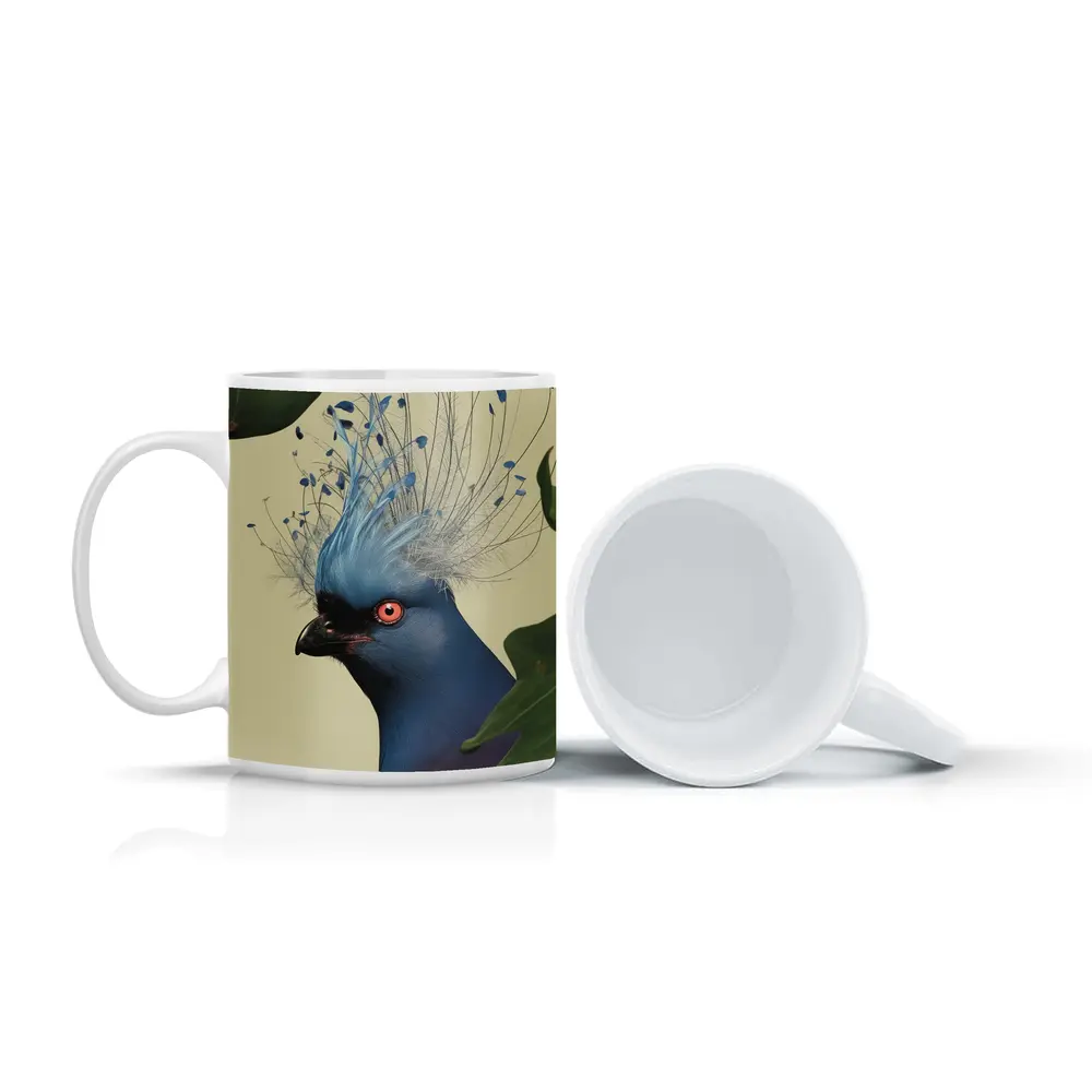 Blue Crowned Pigeon Portrait Green Leaves – Mugs