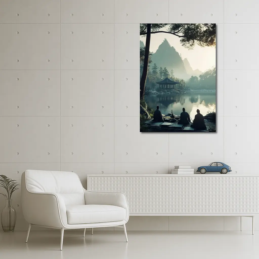Scholars Resting by Misty Mountain Lake – Wall Art