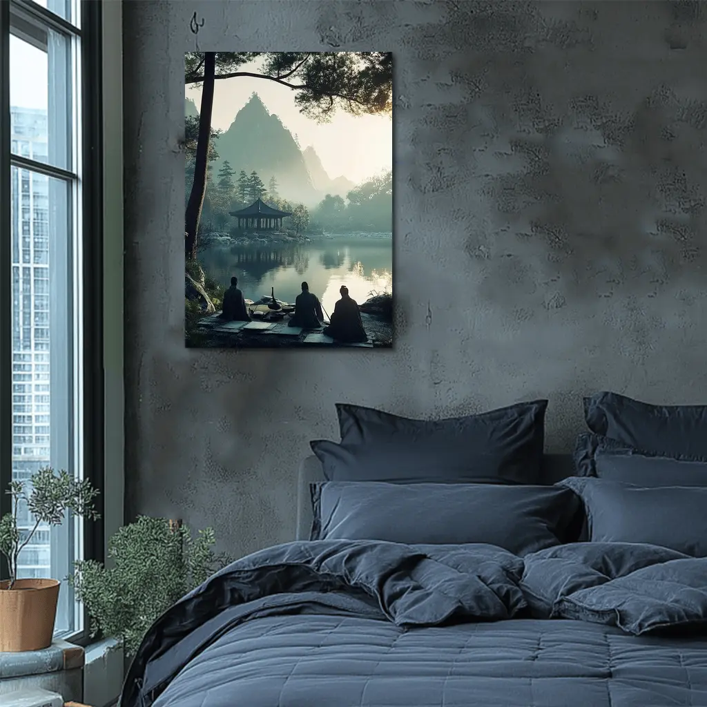 Scholars Resting by Misty Mountain Lake – Wall Art
