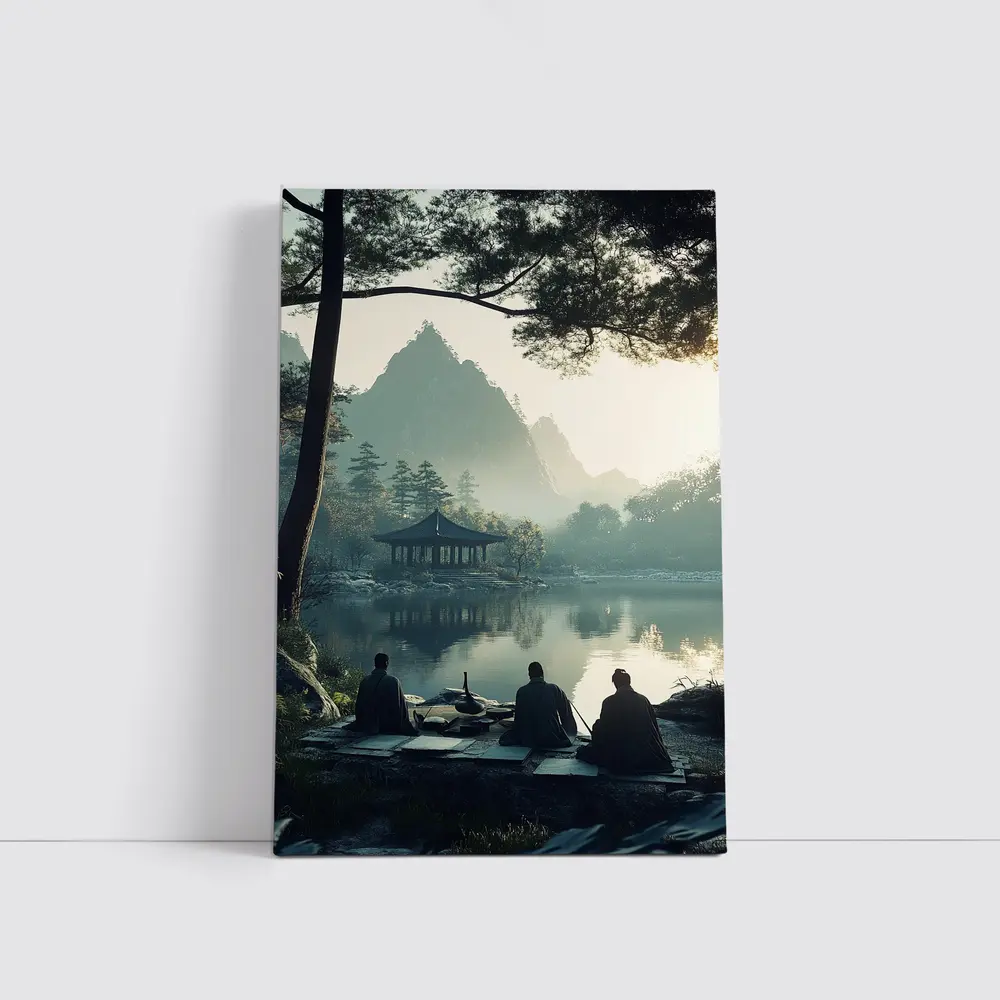 Scholars Resting by Misty Mountain Lake – Wall Art