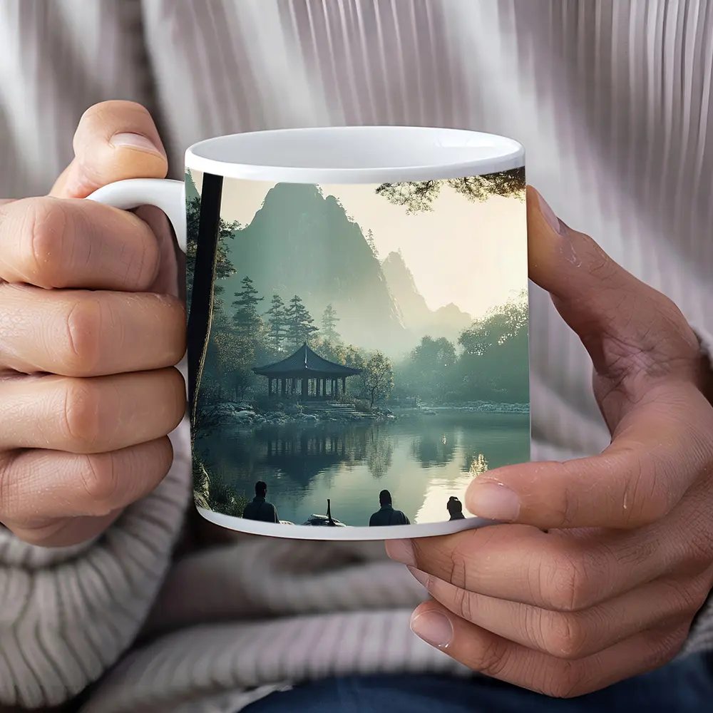 Scholars Resting by Misty Mountain Lake – Mugs