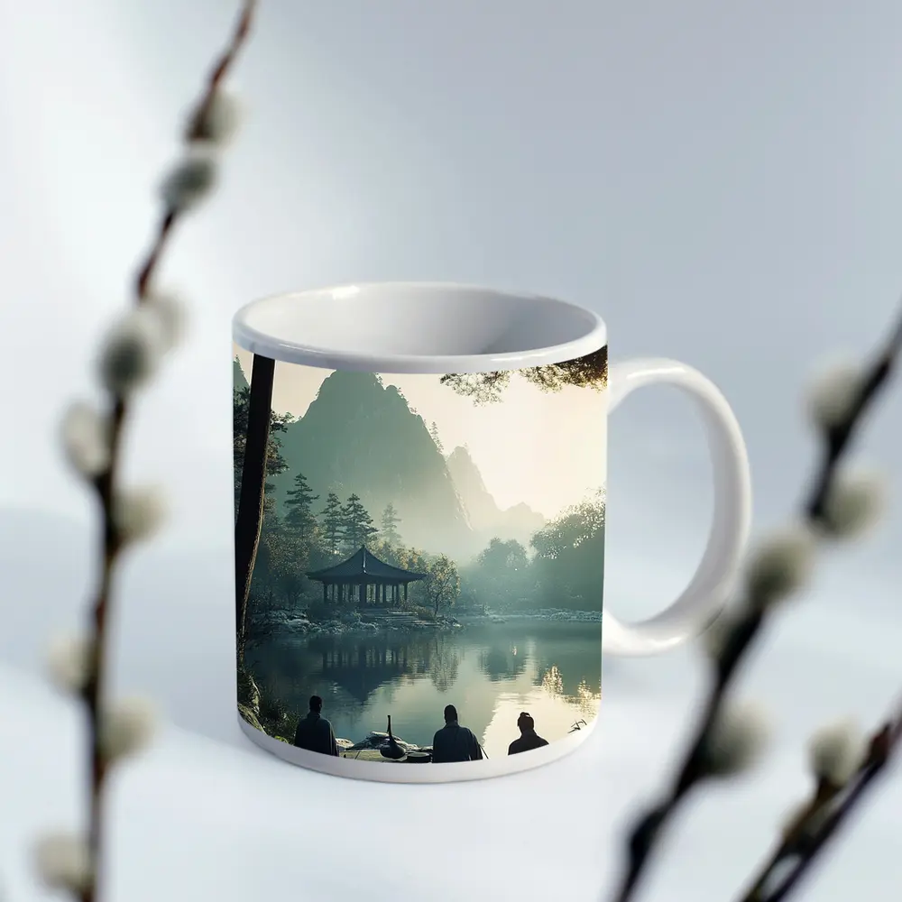 Scholars Resting by Misty Mountain Lake – Mugs