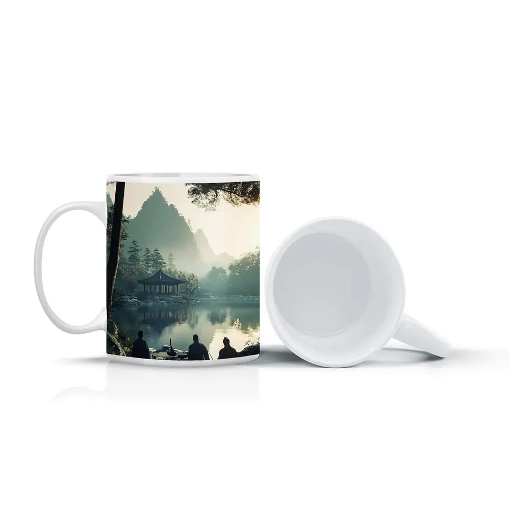 Scholars Resting by Misty Mountain Lake – Mugs