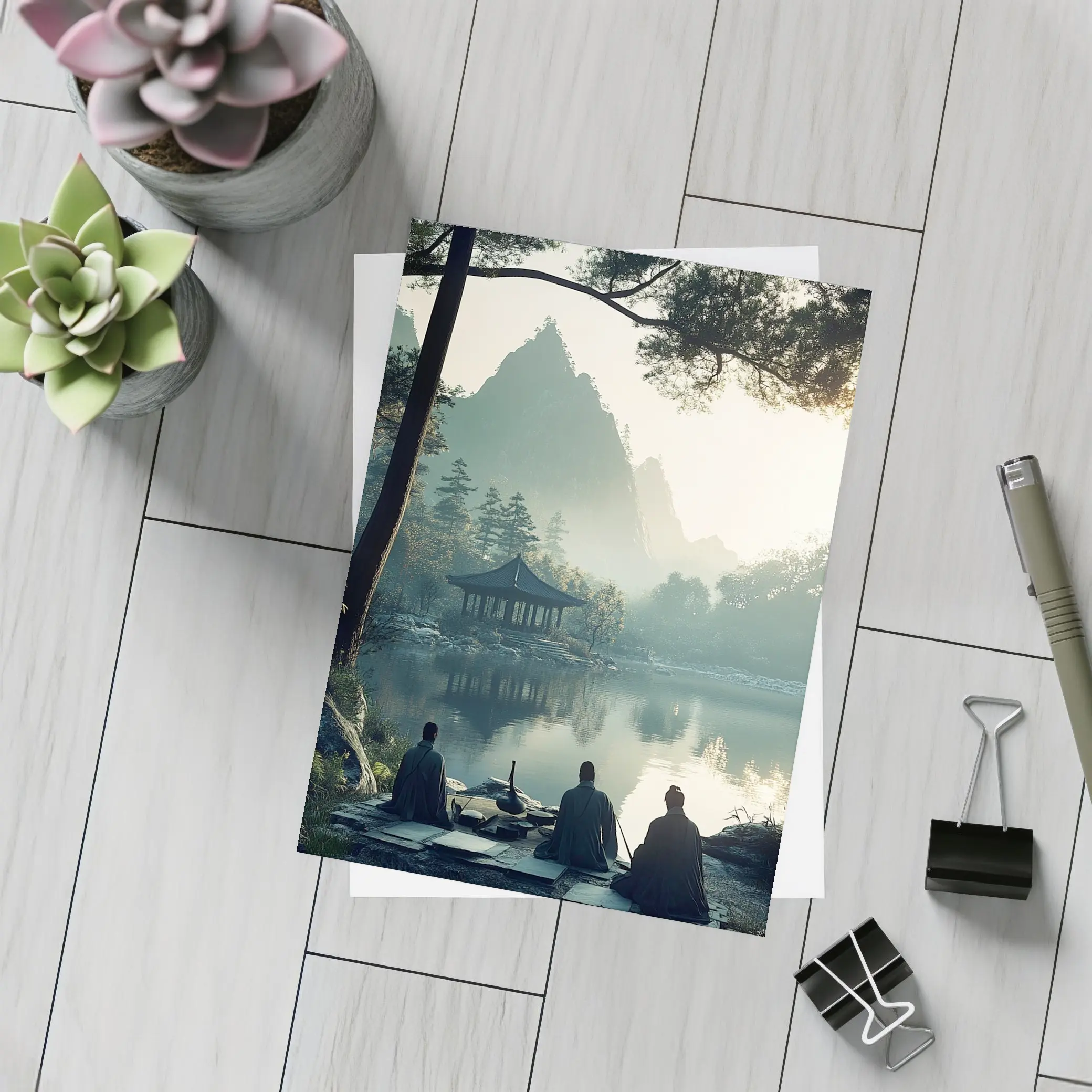 Scholars Resting by Misty Mountain Lake – Postcards