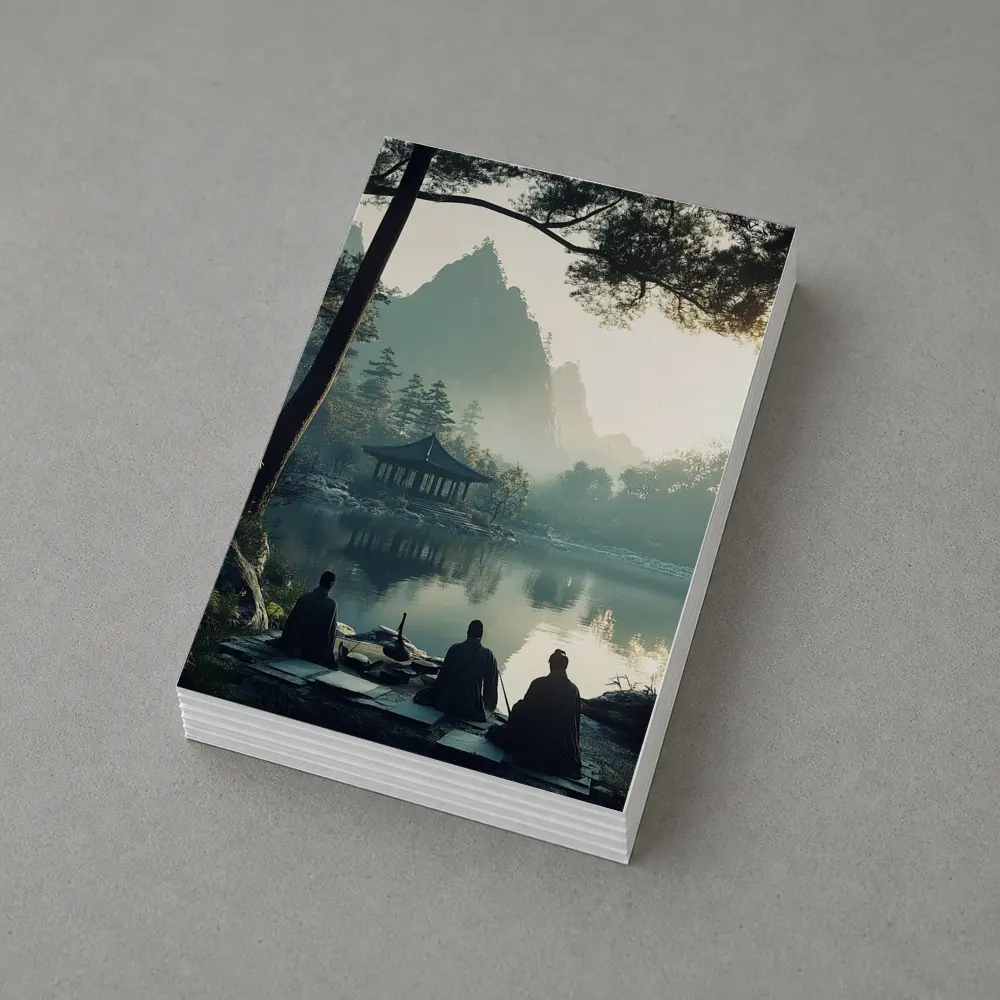 Scholars Resting by Misty Mountain Lake – Postcards