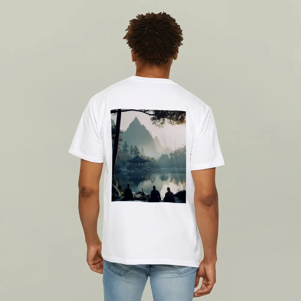 Scholars Resting by Misty Mountain Lake – T-Shirts