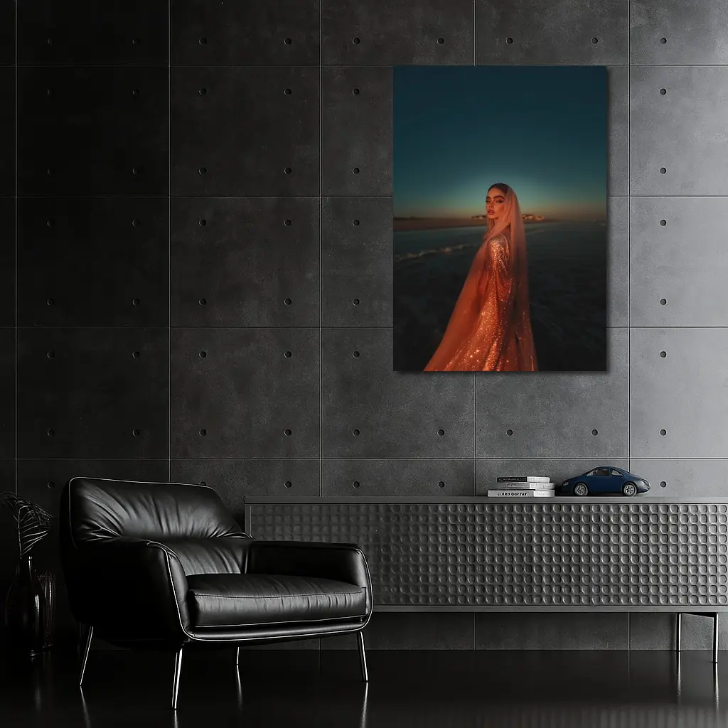 Woman Glittering Gown Ocean Sunset Shore – Wall Art