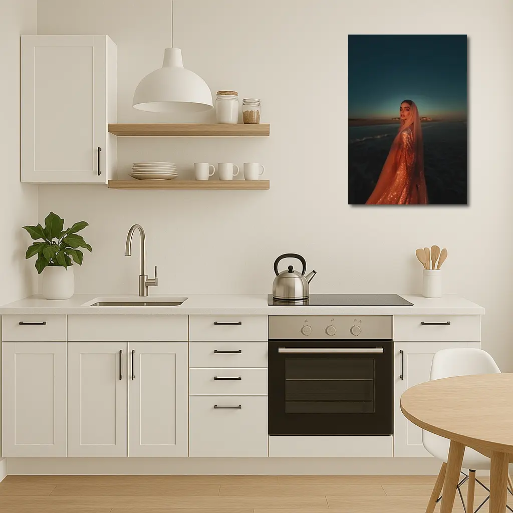 Woman Glittering Gown Ocean Sunset Shore – Wall Art