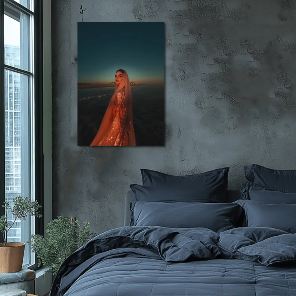 Woman Glittering Gown Ocean Sunset Shore – Wall Art