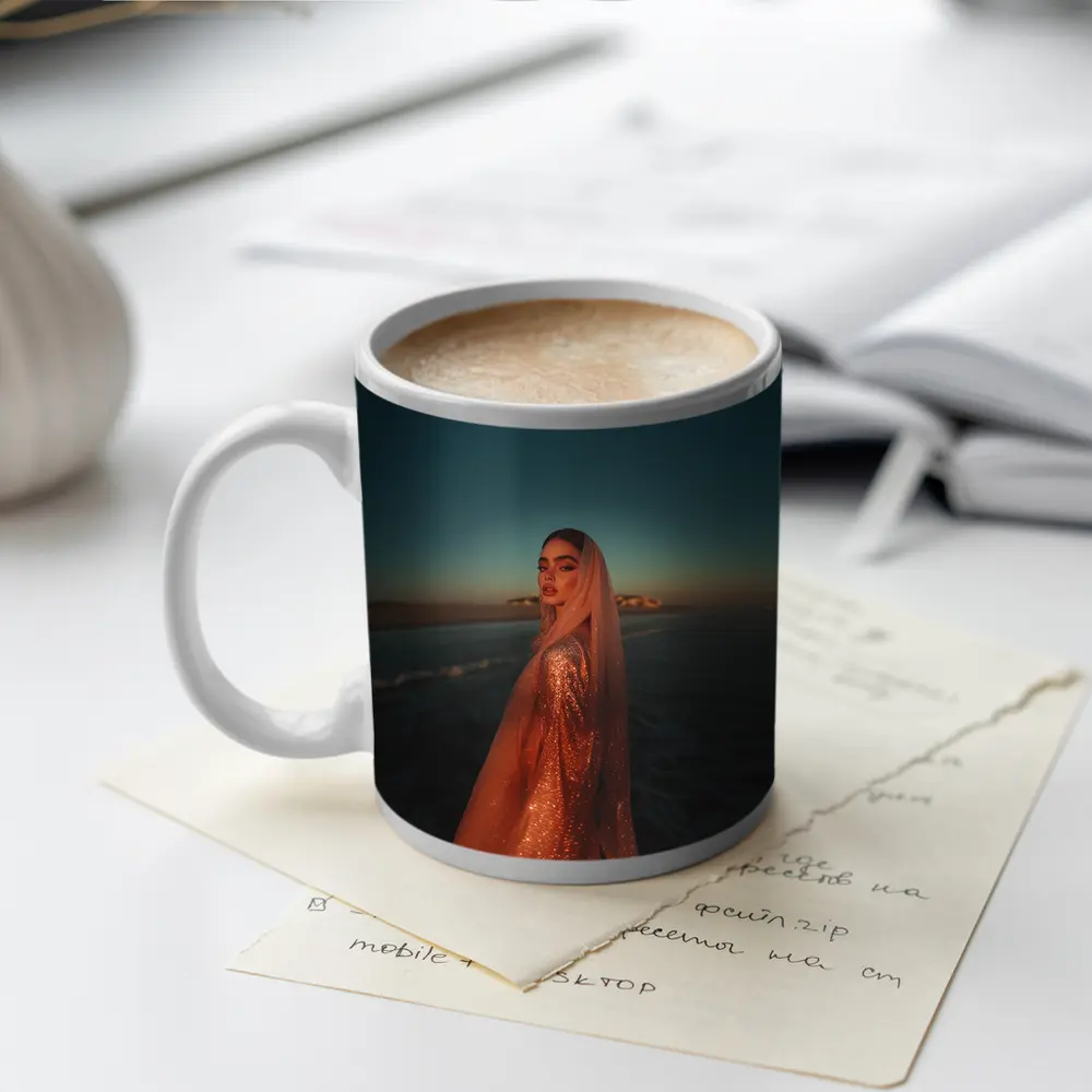 Woman Glittering Gown Ocean Sunset Shore – Mugs