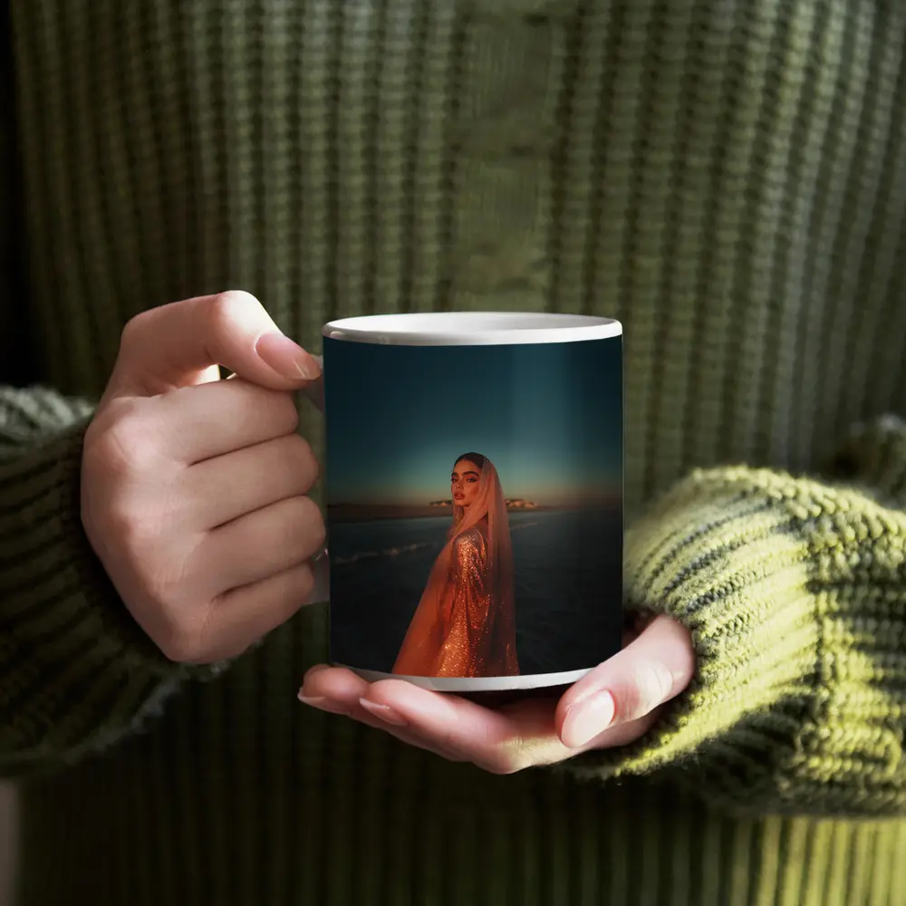 Woman Glittering Gown Ocean Sunset Shore – Mugs