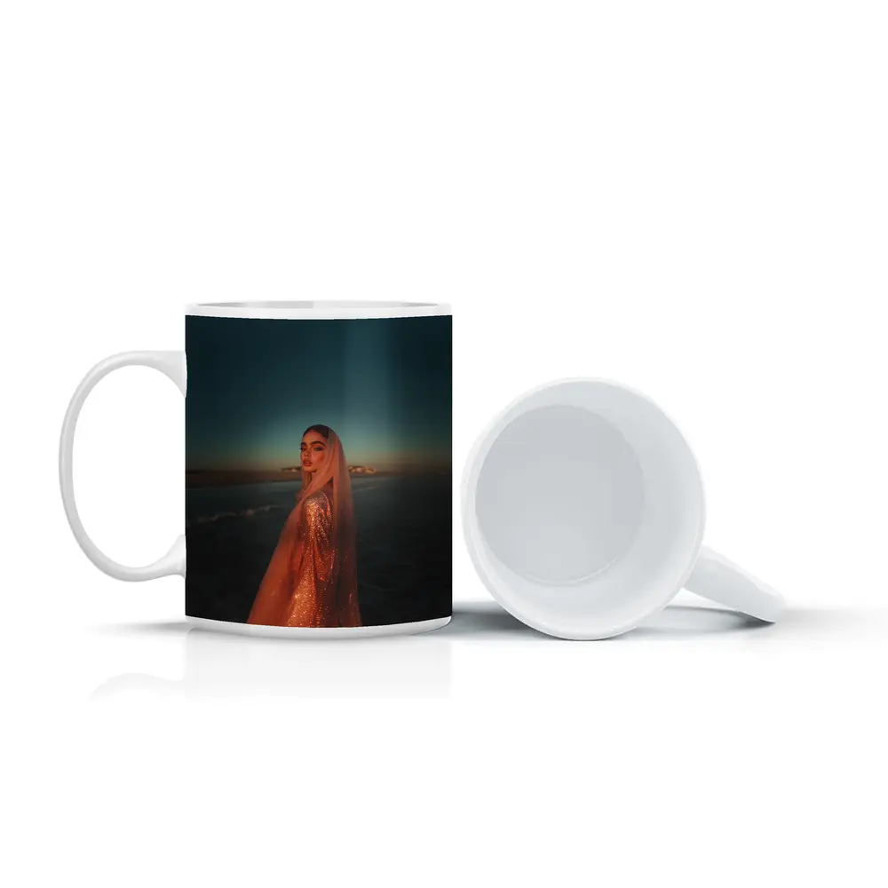 Woman Glittering Gown Ocean Sunset Shore – Mugs