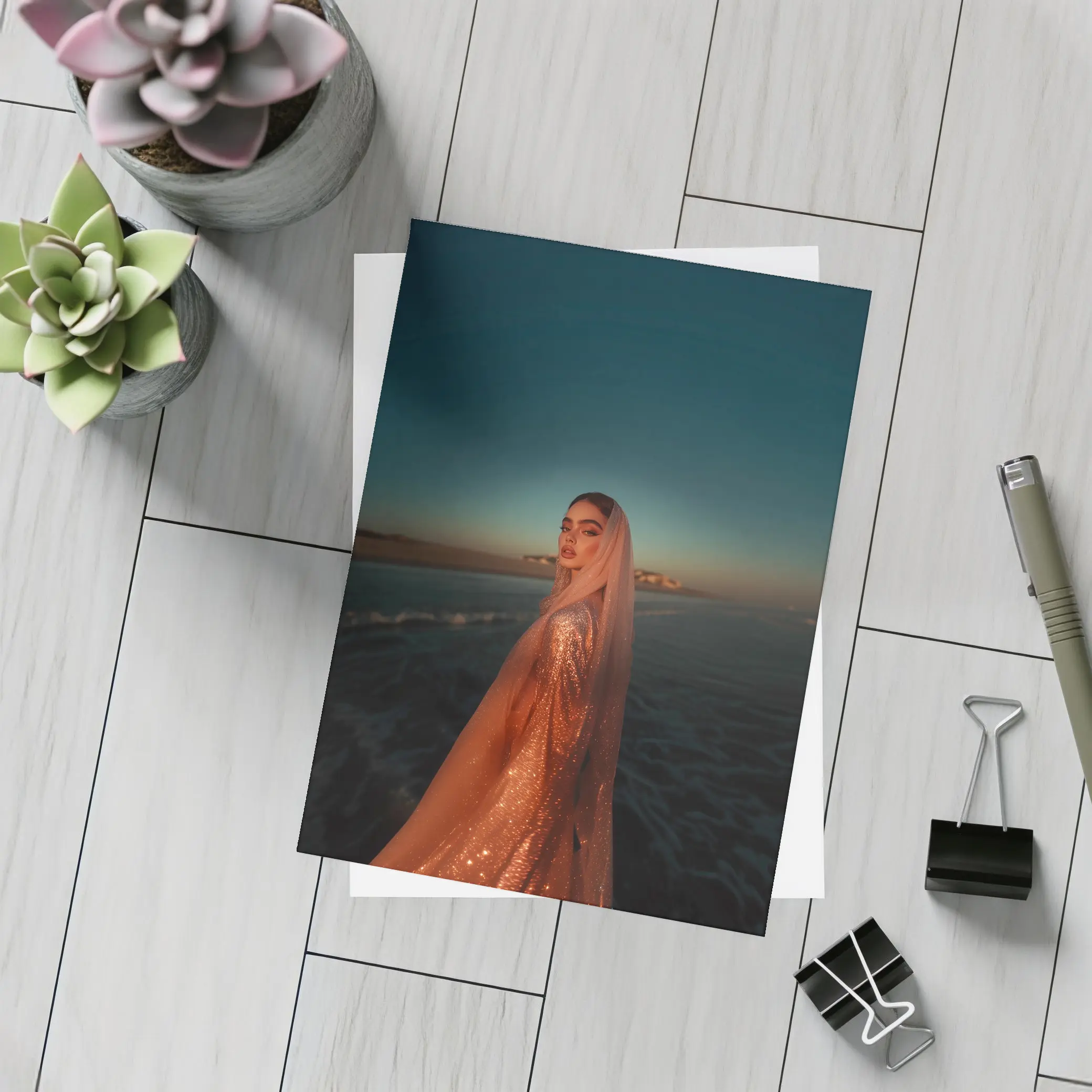 Woman Glittering Gown Ocean Sunset Shore – Postcards