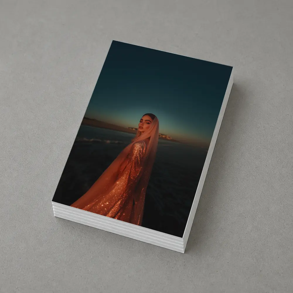 Woman Glittering Gown Ocean Sunset Shore – Postcards