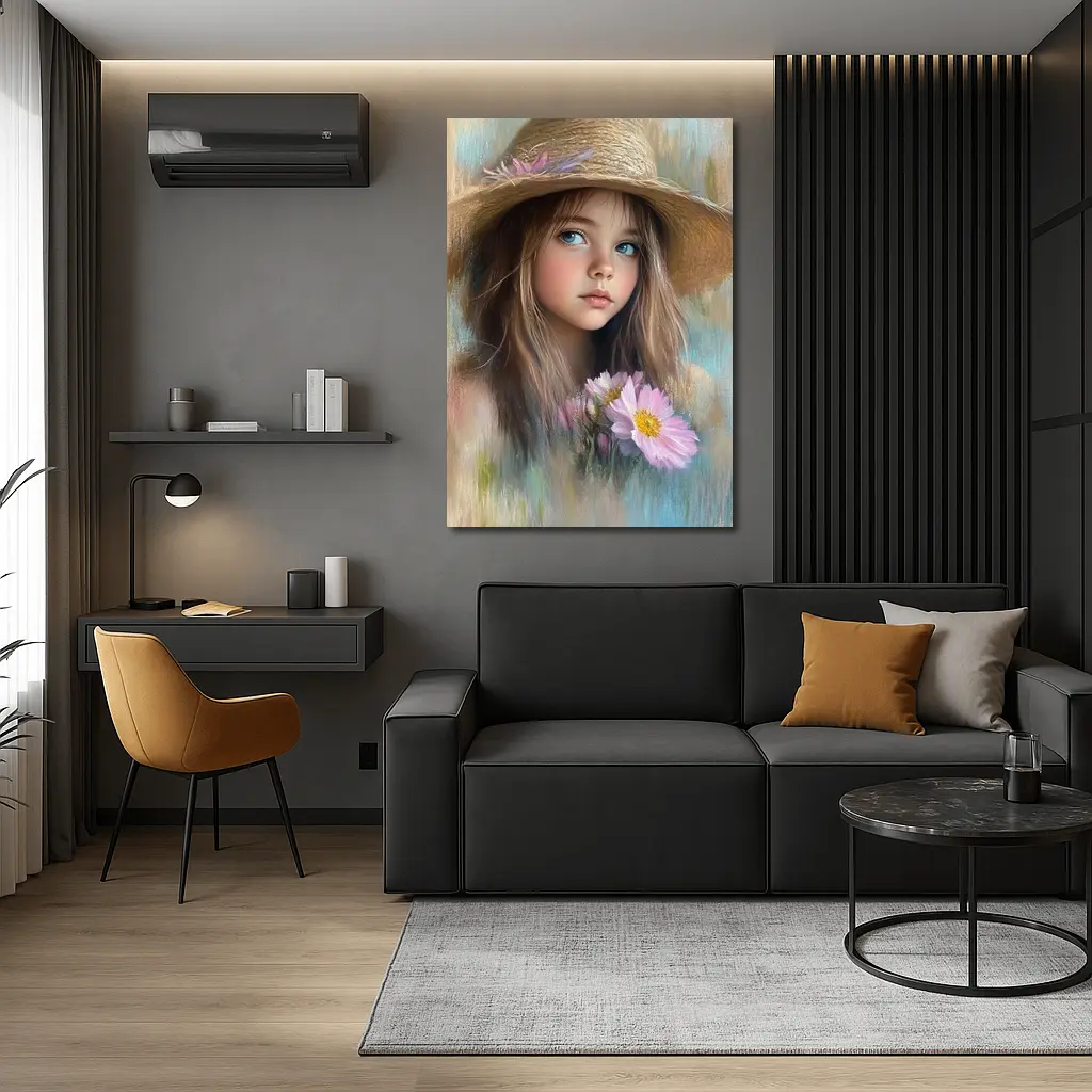 Young Girl Straw Hat Pink Flowers Portrait – Wall Art