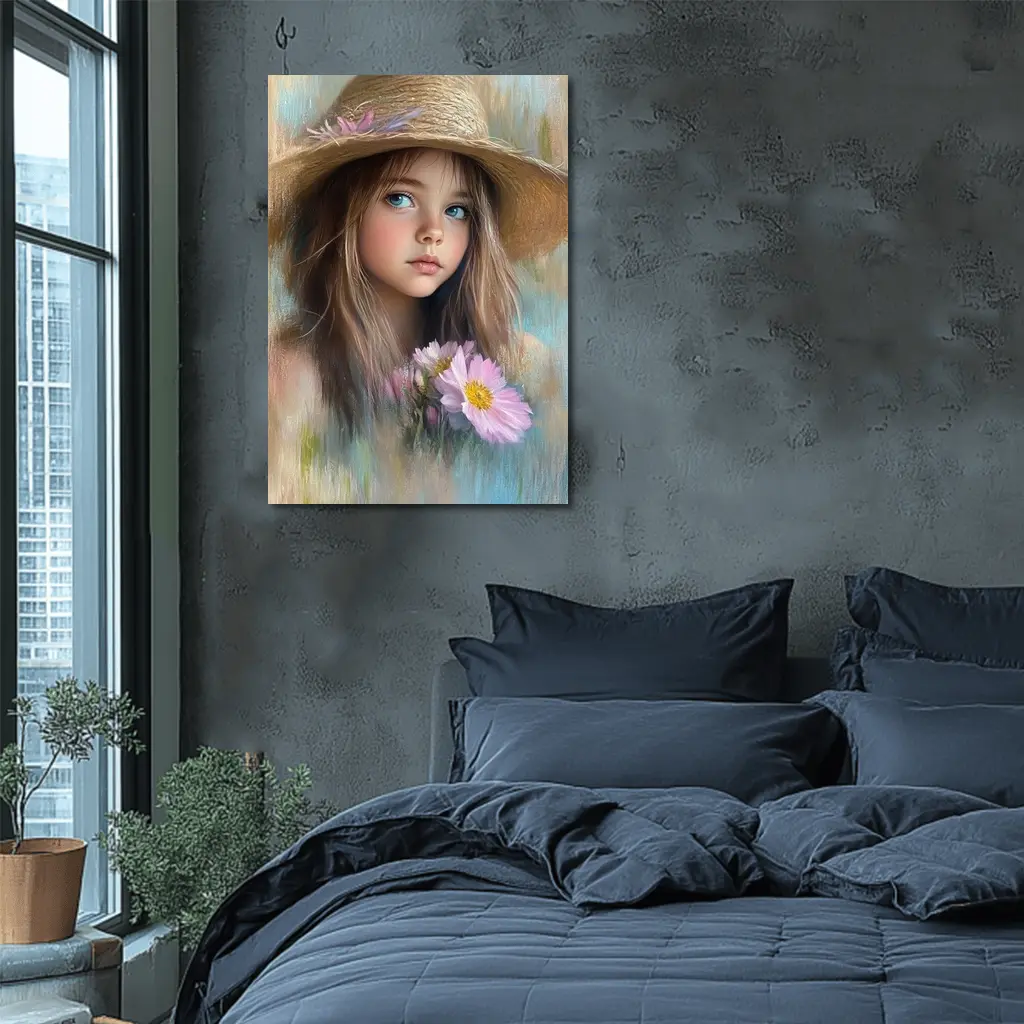 Young Girl Straw Hat Pink Flowers Portrait – Wall Art