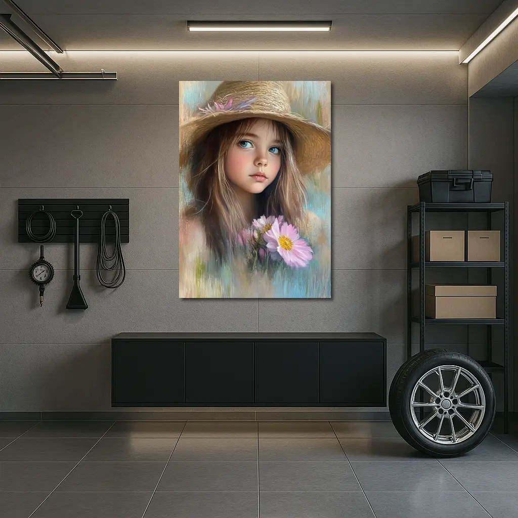 Young Girl Straw Hat Pink Flowers Portrait – Wall Art