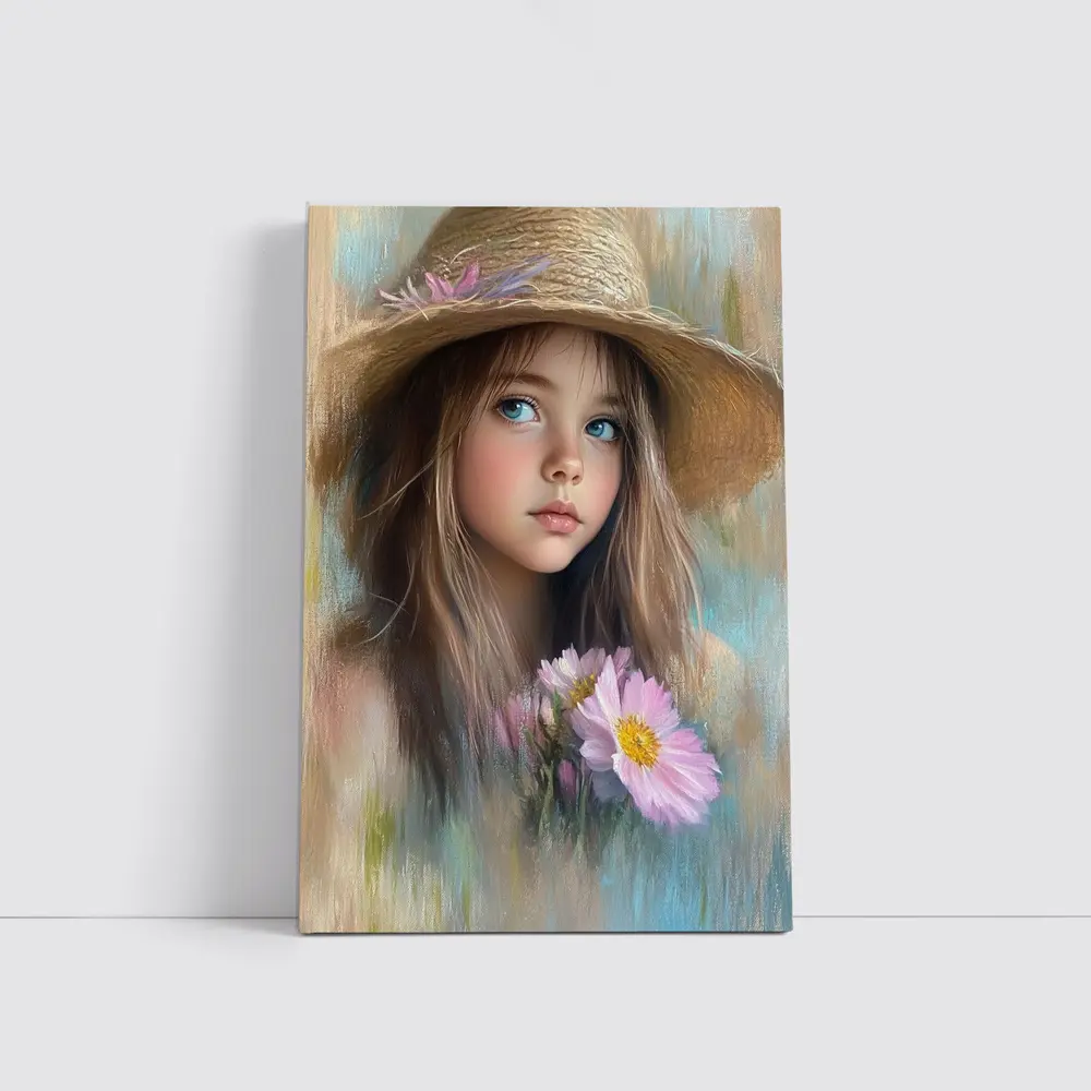 Young Girl Straw Hat Pink Flowers Portrait – Wall Art