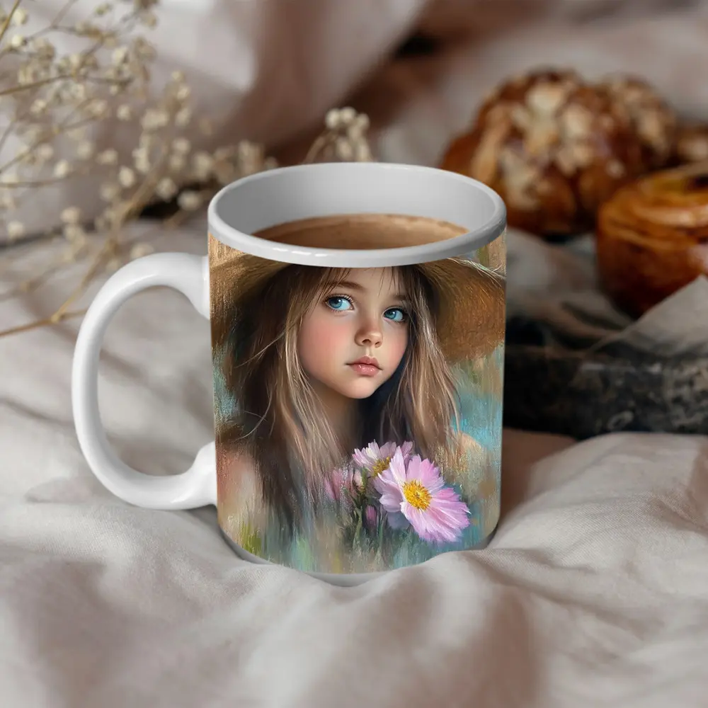 Young Girl Straw Hat Pink Flowers Portrait – Mugs