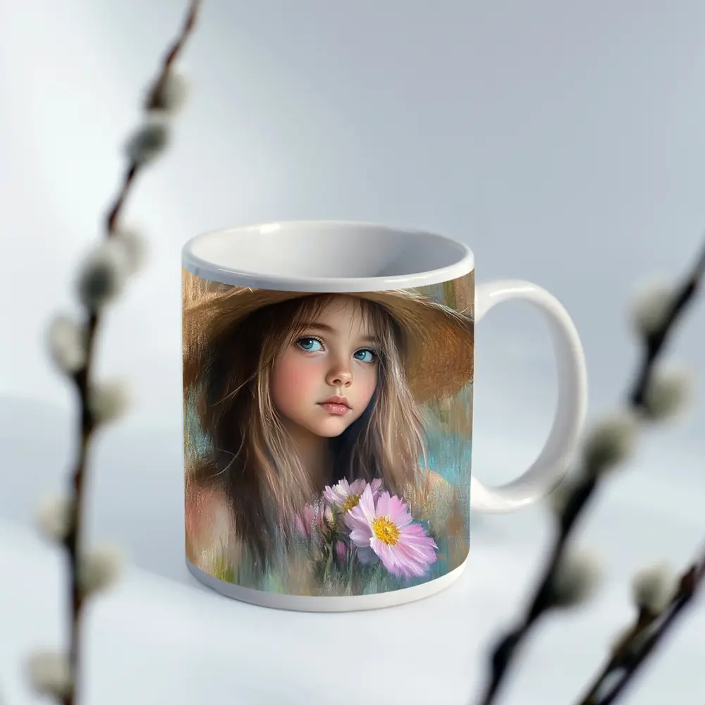 Young Girl Straw Hat Pink Flowers Portrait – Mugs