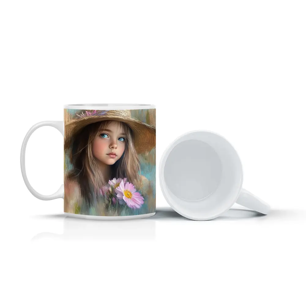 Young Girl Straw Hat Pink Flowers Portrait – Mugs