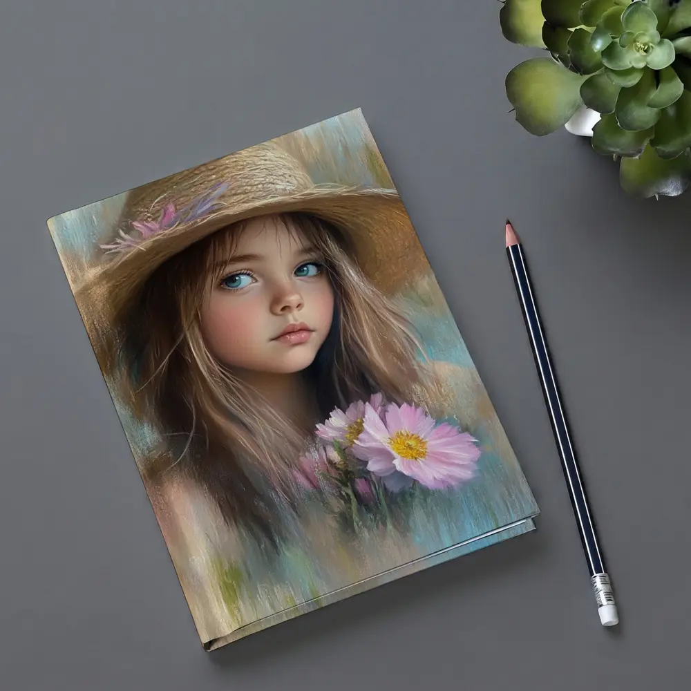 Young Girl Straw Hat Pink Flowers Portrait – Notebooks
