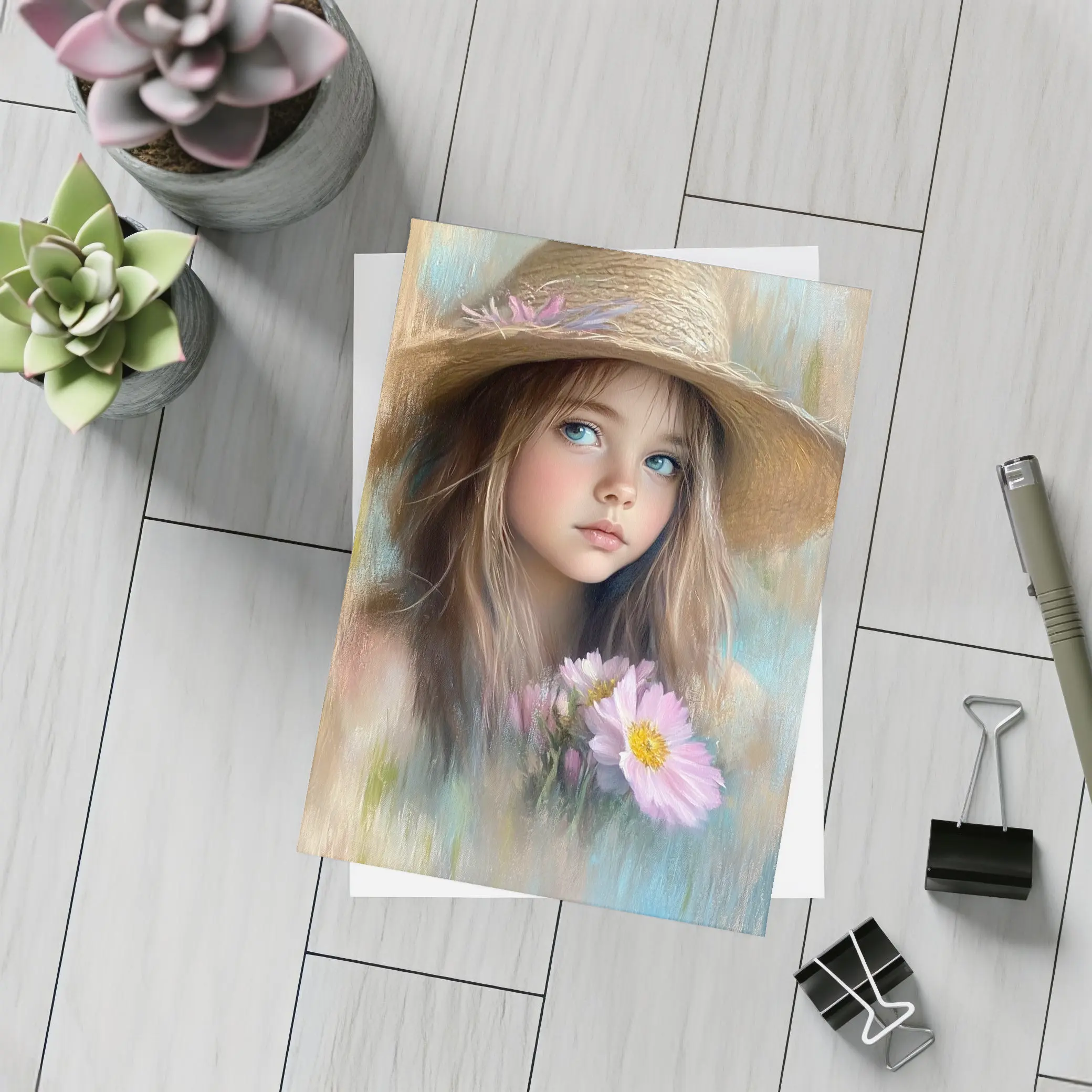 Young Girl Straw Hat Pink Flowers Portrait – Postcards