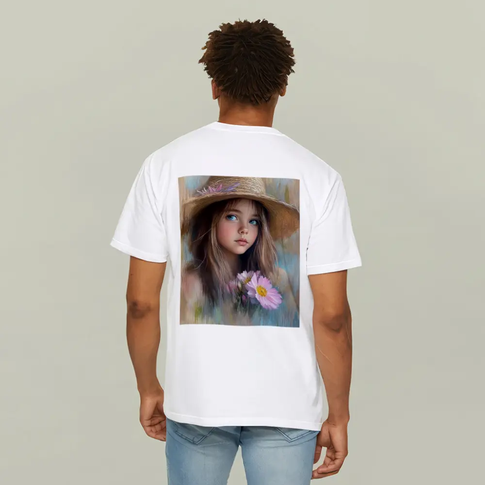 Young Girl Straw Hat Pink Flowers Portrait – T-Shirts
