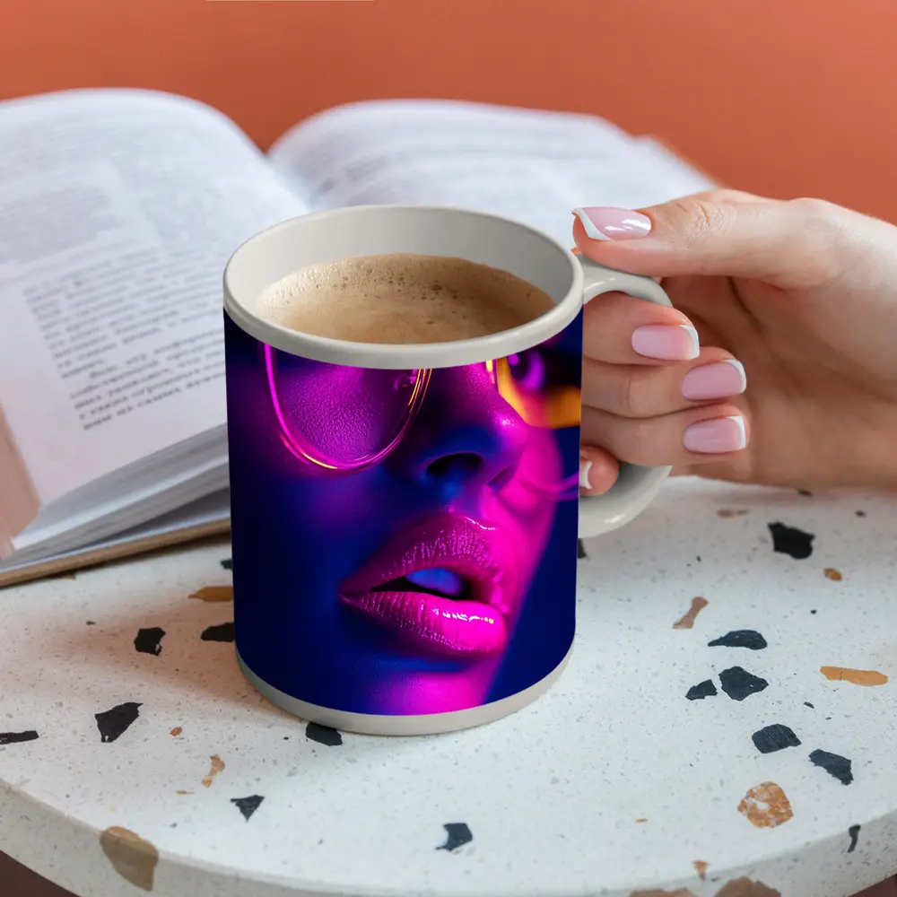 Neon Woman Portrait Pink Purple Blue Light – Mugs