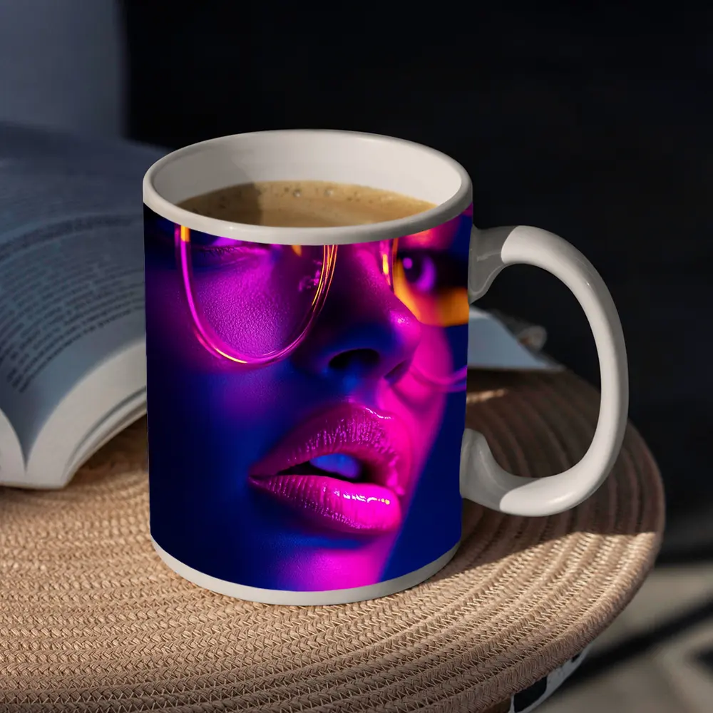 Neon Woman Portrait Pink Purple Blue Light – Mugs